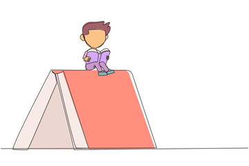 Poster - single continuous line drawing boy sitting on a large tent-shaped book. reading the adventure fictio