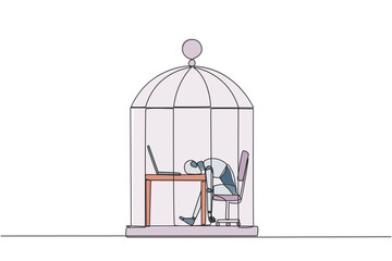 Poster - Continuous one line drawing robot trapped in cage asleep on laptop. Tired of repetitive routines. The many deadlines require overtime every day. AI tech. Single line draw design vector illustration