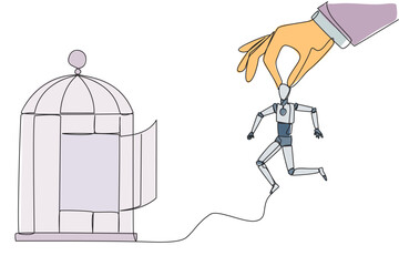 Poster - Continuous one line drawing big hands holding robot and want put in a cage. Trapping roughly. Beating a business opponent by cheating. Unfair business. Single line draw design vector illustration