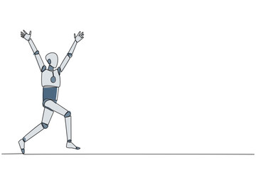 Poster - Single one line drawing robot running to celebrate the success of business. Like a football player who scores goal, doing celebrates. Success. AI tech. Continuous line design graphic illustration