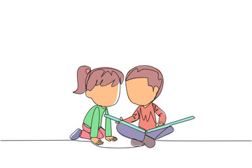 Poster - Continuous one line drawing kids sit down and put reading book on feet. Interesting to read the complete geographic map. Eliminate curiosity. Book festival. Single line draw design vector illustration