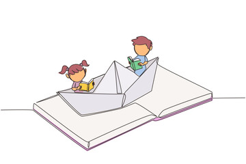 Poster - single one line drawing the kids reading a book on paper boat. maintain the good habits. the metapho