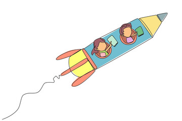 Poster - single continuous line drawing the kids flying on a rocket reading a book. always reading books anyw