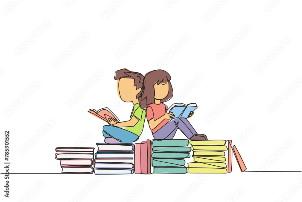 Single one line drawing kids sitting relaxed reading a book on pile of ...