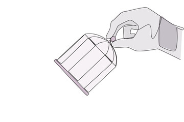 Poster - Single continuous line drawing astronaut's big hand lifts the birdcage. Usually used for trapping. Imprisoning animals and humans. A trap for corruptors. Spaceman. One line design vector illustration