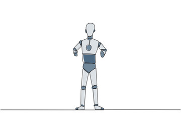 Poster - Single continuous line drawing smart robot standing straight. Survive inflation and pandemics. Looking to the future of business is full of hopes of success. Tech. One line design vector illustration