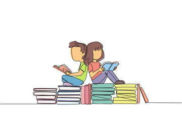Poster - Single one line drawing kids sitting relaxed reading a book on pile of books. Relax while reading fiction books. Enjoy the storyline. Book festival concept. Continuous line design graphic illustration