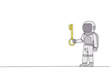 Aufkleber - Continuous one line drawing astronaut holding key. Important key to increasing profit has been secured. Ready to become important inheritance for relatives. Single line draw design vector illustration