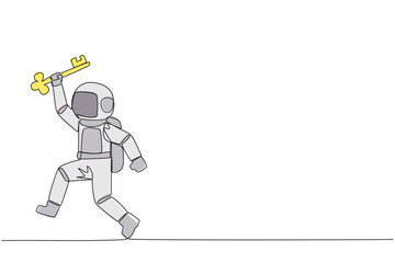 Poster - single one line drawing young astronaut running holding key. doing celebrate. perform movements like