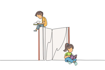 Poster - Continuous one line drawing children sit reading books while the big book is open. Serious and focus learning increases insight. Book festival concept. Single line draw design vector illustration