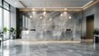 © visoot - Marble wall panels with gray marble color and white veins, with modern reception desk in the middle of an office space, grey floor tiles, front view. Generative AI.