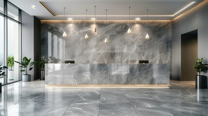 Poster - Marble wall panels with gray marble color and white veins, with modern reception desk in the middle of an office space, grey floor tiles, front view. Generative AI.