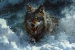 Digital painting of a wolf in the snow, digital painting of a wolf