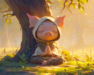 A cute cartoon pig wearing a brown cloak is meditating under a tree. The pig is sitting cross-legged with its eyes closed and its hands together in a prayer position. The tree is large and has a thick