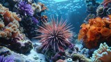 Fototapeta Do akwarium - Beauty of a sea urchin with star shaped spines, nestled among mesmerizing coral formations under the sea. Generative AI.