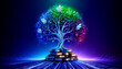 A tree made of books is displayed on a blue background. The tree is made of books stacked on top of each other, and it is a symbol of knowledge and growth.