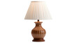 A brown ceramic table lamp with an off-white shade, on a white background