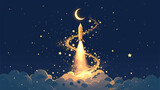 Fototapeta  - A rocket ship blasting off into space with stars and a crescent moon in the background.