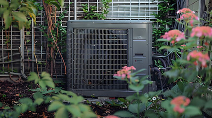 A split AC unit in a residential setting with a protective cage and surrounding nature.