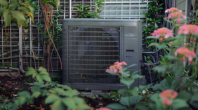 a split ac unit in a residential setting with a protective cage and surrounding nature.