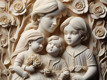 Amazing Illustration Art  White Carved Relief Art Sculpture With  Cute Kids Mother With Cat On Branch And Roses, Ornate Decorative Wallpaper