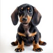 Cute black and tan dachshund puppy sitting against a white background, looking at the camera with a curious expression.