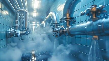 Fototapete - A plumber pipes at the bathroom, full of steam, hundreds of chrome pipes connections. Generative AI.
