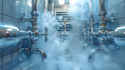 Fototapete - A plumber pipes at the bathroom, full of steam, hundreds of chrome pipes connections. Generative AI.