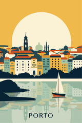 Poster - Porto retro city poster with abstract shapes of skyline, buildings. Vintage Portugal town travel vector illustration