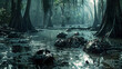 Eerie Critters Submerged in Murky Swamp Cinematic Scene