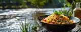 Fototapeta Uliczki - A cozy family meal in a natural setting, featuring homemade Thai fried rice.