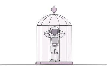 Poster - Single continuous line drawing tired astronaut trapped in the cage standing frustrated holding head. Anxiety caused cannot move freely. Confined. Imprisoned. One line design vector illustration