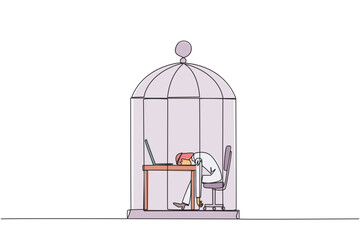 Poster - Single one line drawing Arabian businessman trapped in cage asleep on laptop. Tired of repetitive routines. The many deadlines require overtime every day. Continuous line design graphic illustration