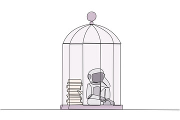 Poster - Continuous one line drawing astronaut trapped in the cage sitting down frustrated. Stress with piling up unfinished work until close to deadline. Exhausted. Single line draw design vector illustration