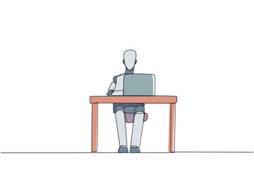 Poster - Continuous one line drawing robot sitting typing on laptop computer. Prepare important data to presenting in front of Board of Director. Hectic. AI tech. Single line draw design vector illustration