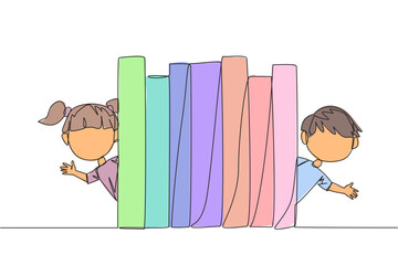Poster - single one line drawing the kids appears from behind a row of books. invitation to read books at the