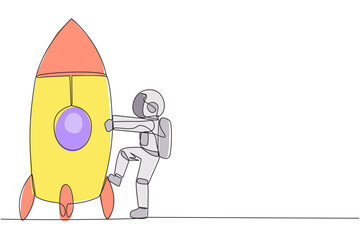 Poster - single one line drawing astronaut and rocket. get ready to ride rocket that will launch. metaphors b
