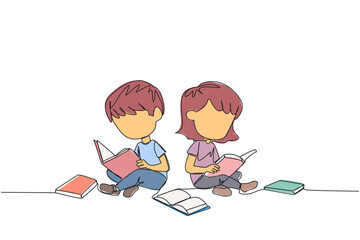 Poster - single continuous line drawing kids sitting relaxed in a library reading a lot of books. looking for
