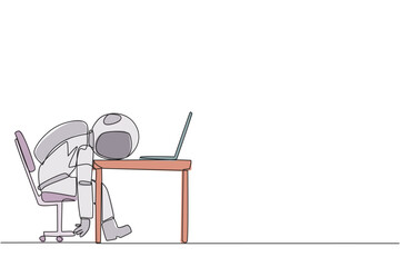 Poster - continuous one line drawing astronaut fell asleep in front of a laptop computer. fatigue running a b