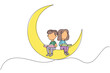 Single continuous line drawing kids sitting on crescent moon reading book. Metaphor of reading story before bed. Passionate about reading in any condition. Book festival. One line vector illustration