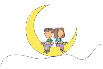Poster - single continuous line drawing kids sitting on crescent moon reading book. metaphor of reading story