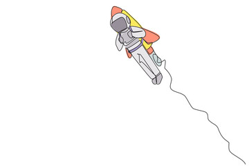 Poster - Single one line drawing young astronaut flying with rocket. Desire to take the business to the moon. Successful entrepreneur. The great energetic astronaut. Continuous line design graphic illustration