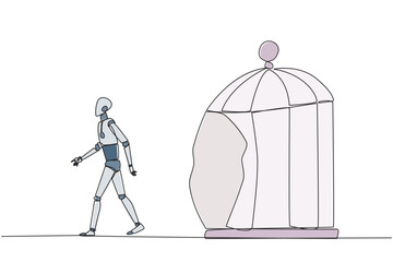 Poster - Continuous one line drawing robot trapped in cage and walking penetrate cage. Metaphor seeking new challenges and experiences for better future. AI tech. Single line draw design vector illustration