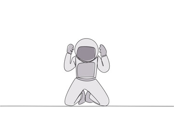 Poster - Single one line drawing young astronaut kneeling like praying. Lost hope. Businesses will bankrupt if fail to get bona fide clients. Gesture of surrender. Continuous line design graphic illustration