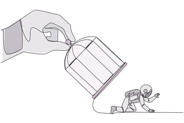 Poster - Single continuous line drawing big hand holds the cage want to catch crawling astronaut. Losing streak. Lost on all fronts. Helpless astronaut. Bankrupt. Spaceman. One line design vector illustration