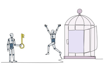 Poster - Single one line drawing smart robot who was free by colleague from the trap of a cage. Teamwork metaphor. Growing business together. Great relationship. Continuous line design graphic illustration