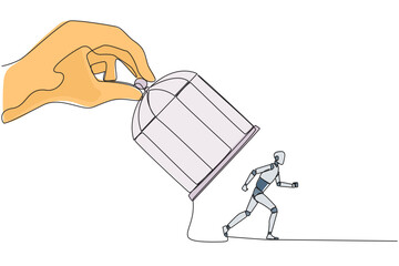 Poster - Continuous one line drawing big hand holding iron cage, catch robot. Want to trap in any way. Enter the trap. Unfair business competition. Lost. AI tech. Single line draw design vector illustration