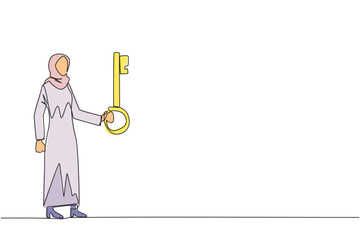 Poster - single one line drawing arabian businesswoman holding key. important key to increasing profits has b