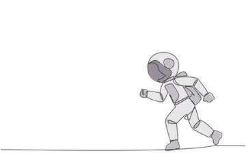 Poster - continuous one line drawing young astronaut doing light exercise. running aims to maintain heart hea