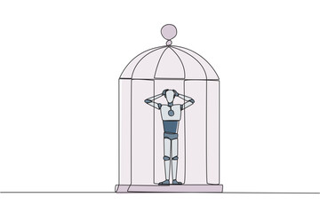 Poster - Single continuous line drawing tired robot trapped in the cage standing frustrated holding head. Anxiety caused cannot move freely. Confined. Imprisoned. AI tech. One line design vector illustration